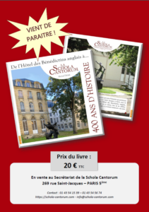Publicité sur la parution du livre "De l'Hôtel des Bénédictins anglais à la Schola Cantorum - 400 ans d'histoire"